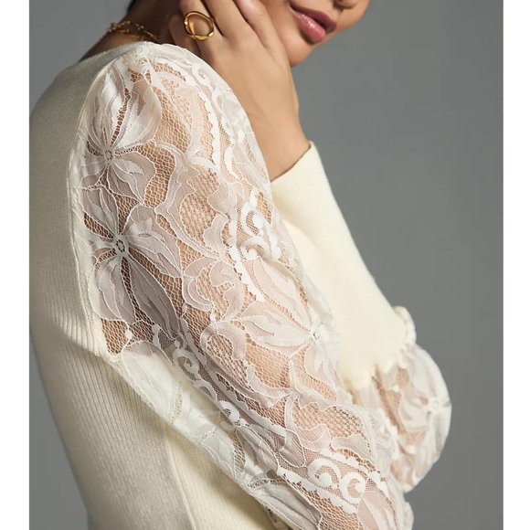 By Anthropologie Lace-Sleeve Sweater Blouse Ivory Cream White - Large - Picture 4 of 10
